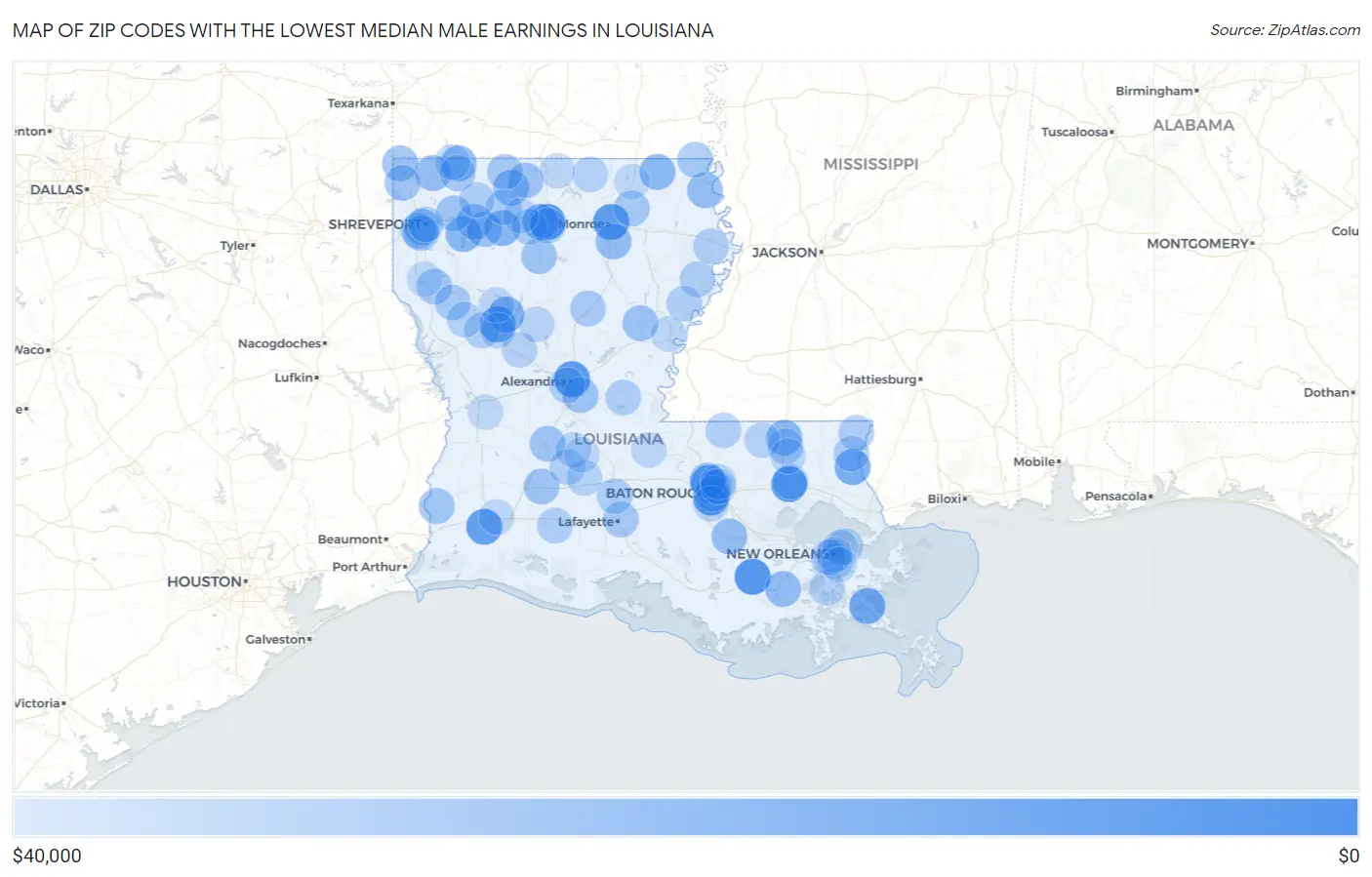 Zip Codes with the Lowest Median Male Earnings in Louisiana Map