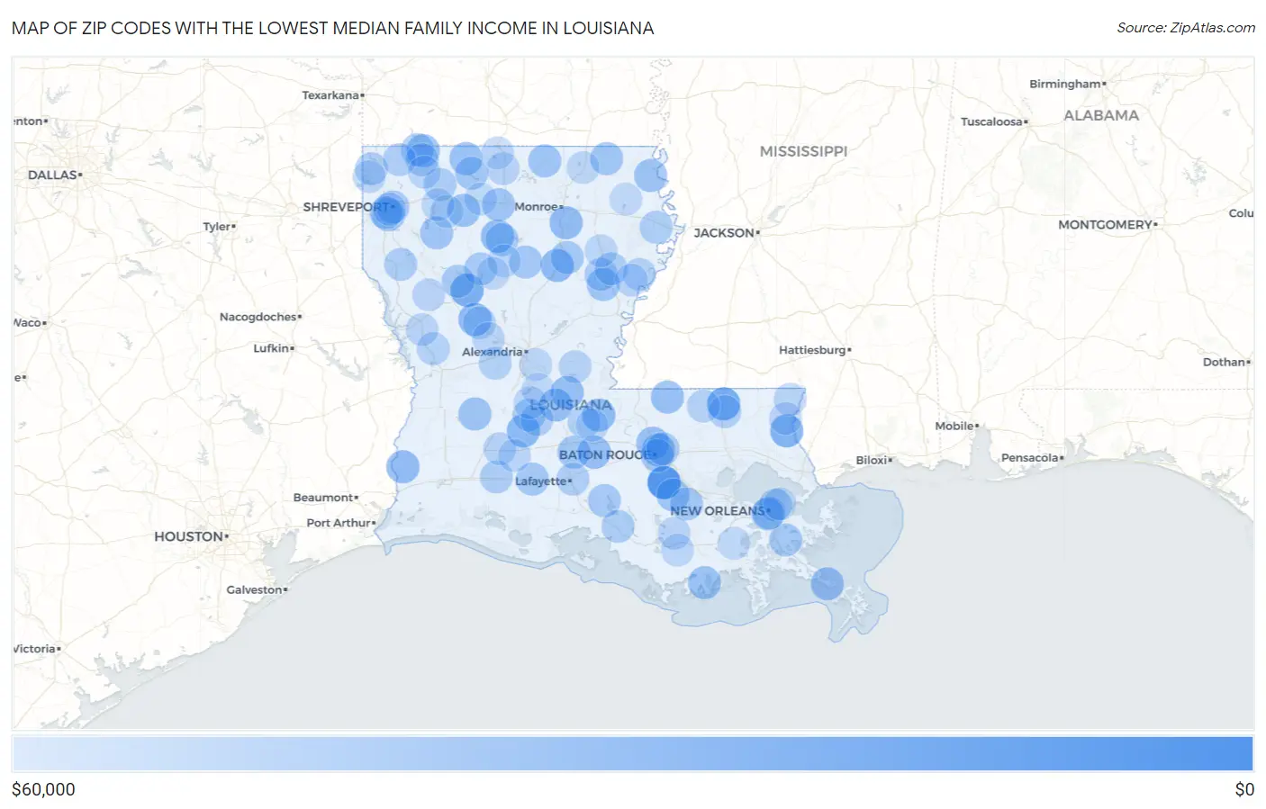 Zip Codes with the Lowest Median Family Income in Louisiana Map