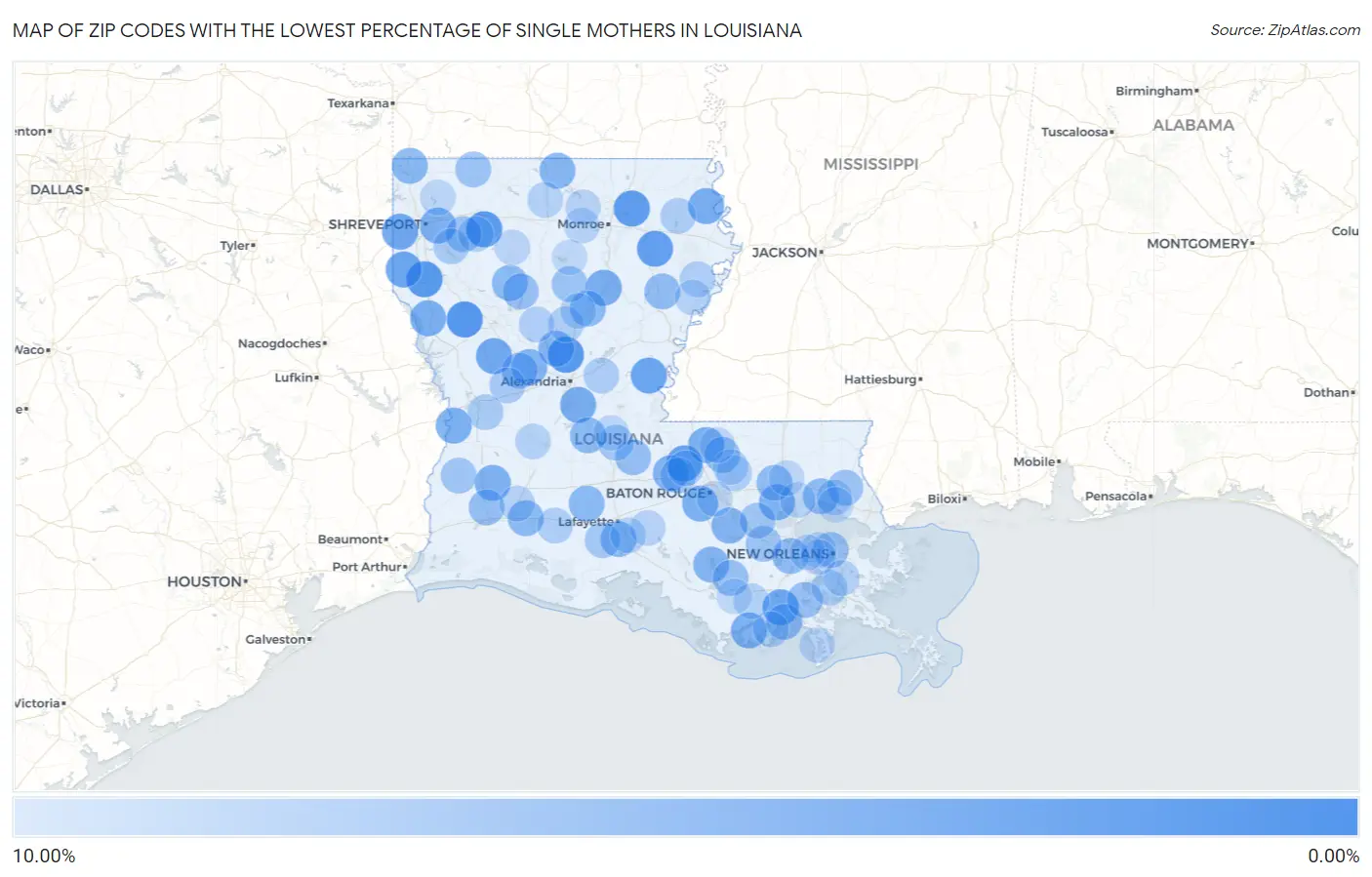 Zip Codes with the Lowest Percentage of Single Mothers in Louisiana Map