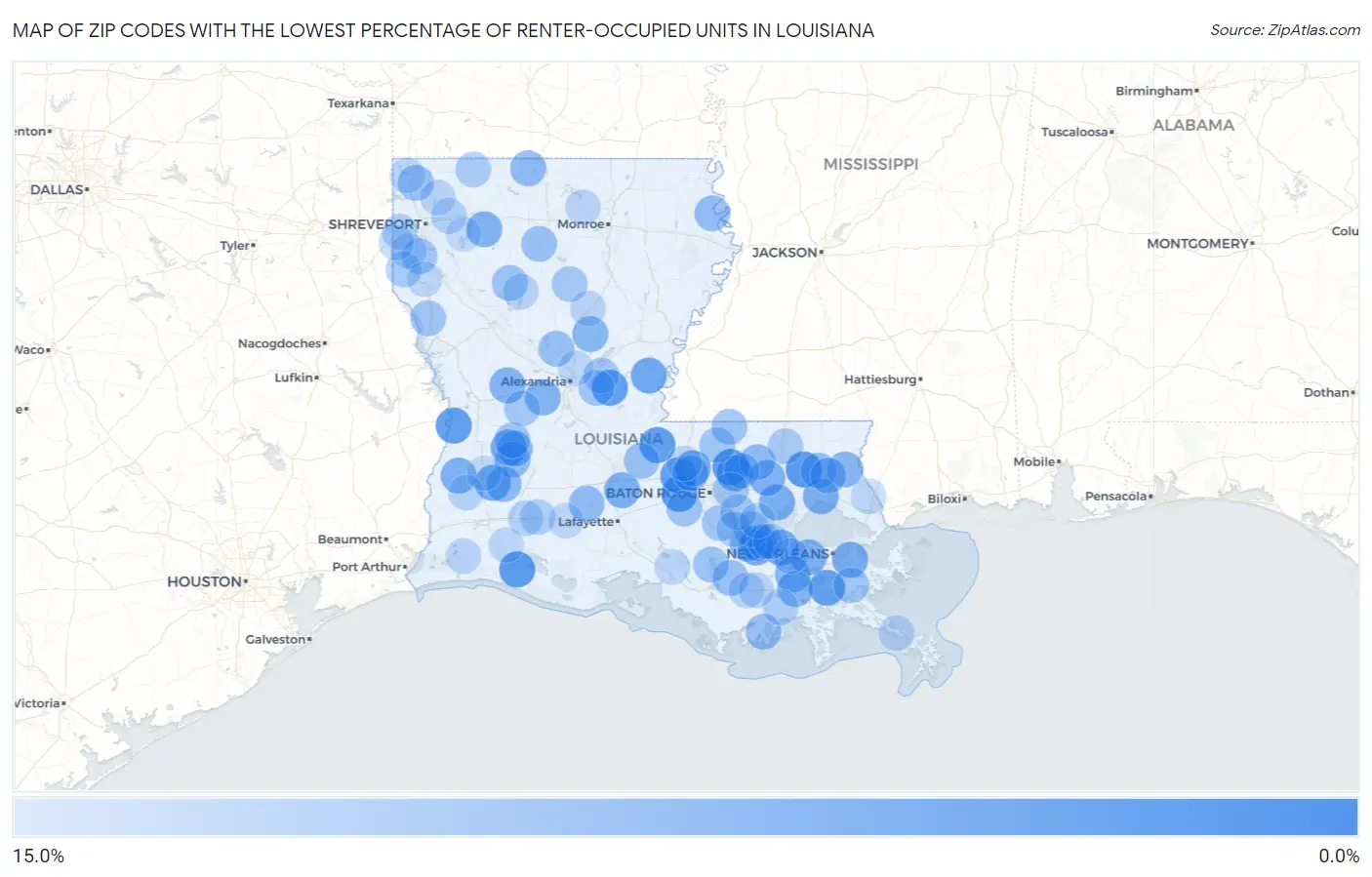 Zip Codes with the Lowest Percentage of Renter-Occupied Units in Louisiana Map
