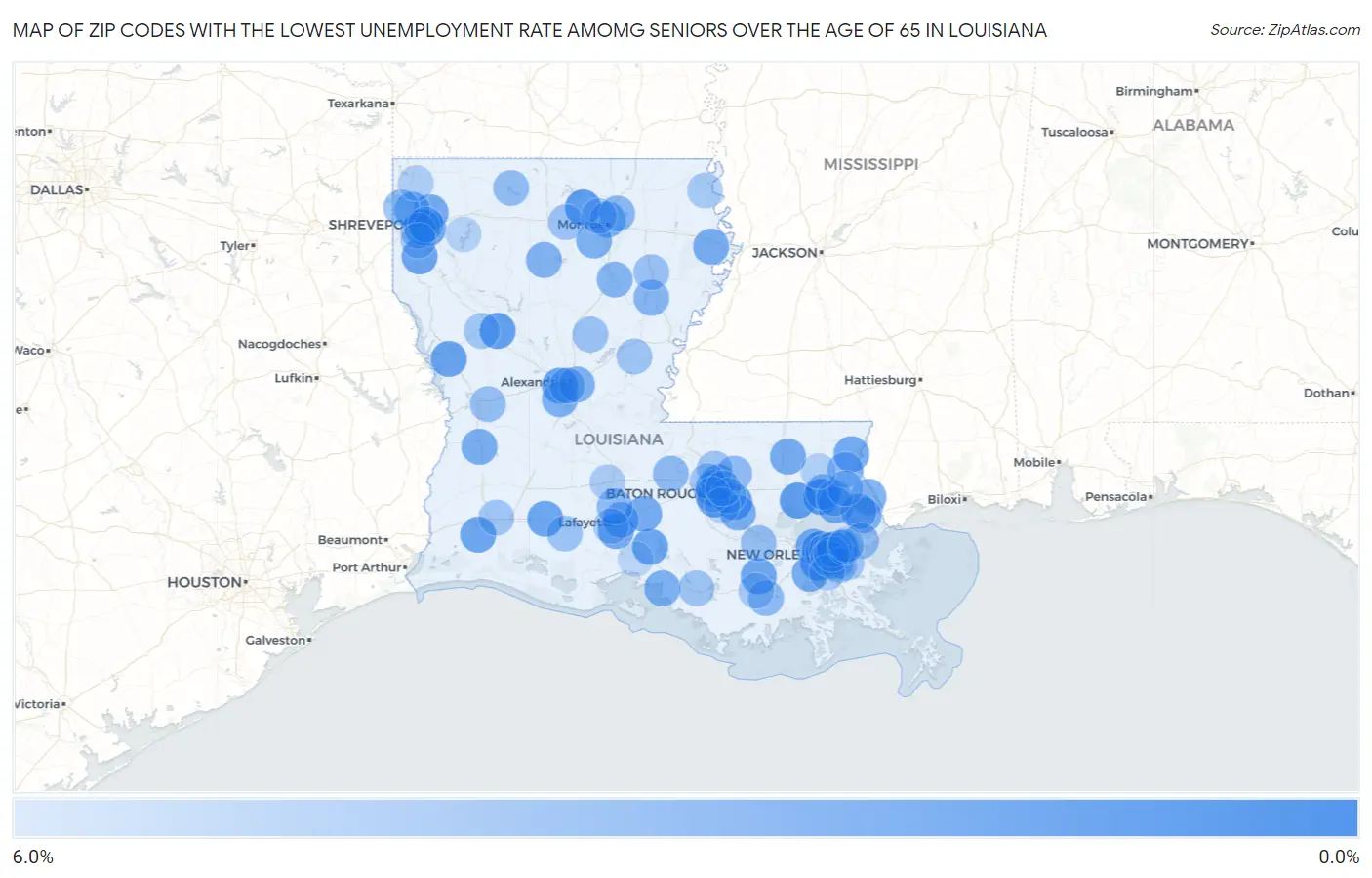 Zip Codes with the Lowest Unemployment Rate Amomg Seniors Over the Age of 65 in Louisiana Map