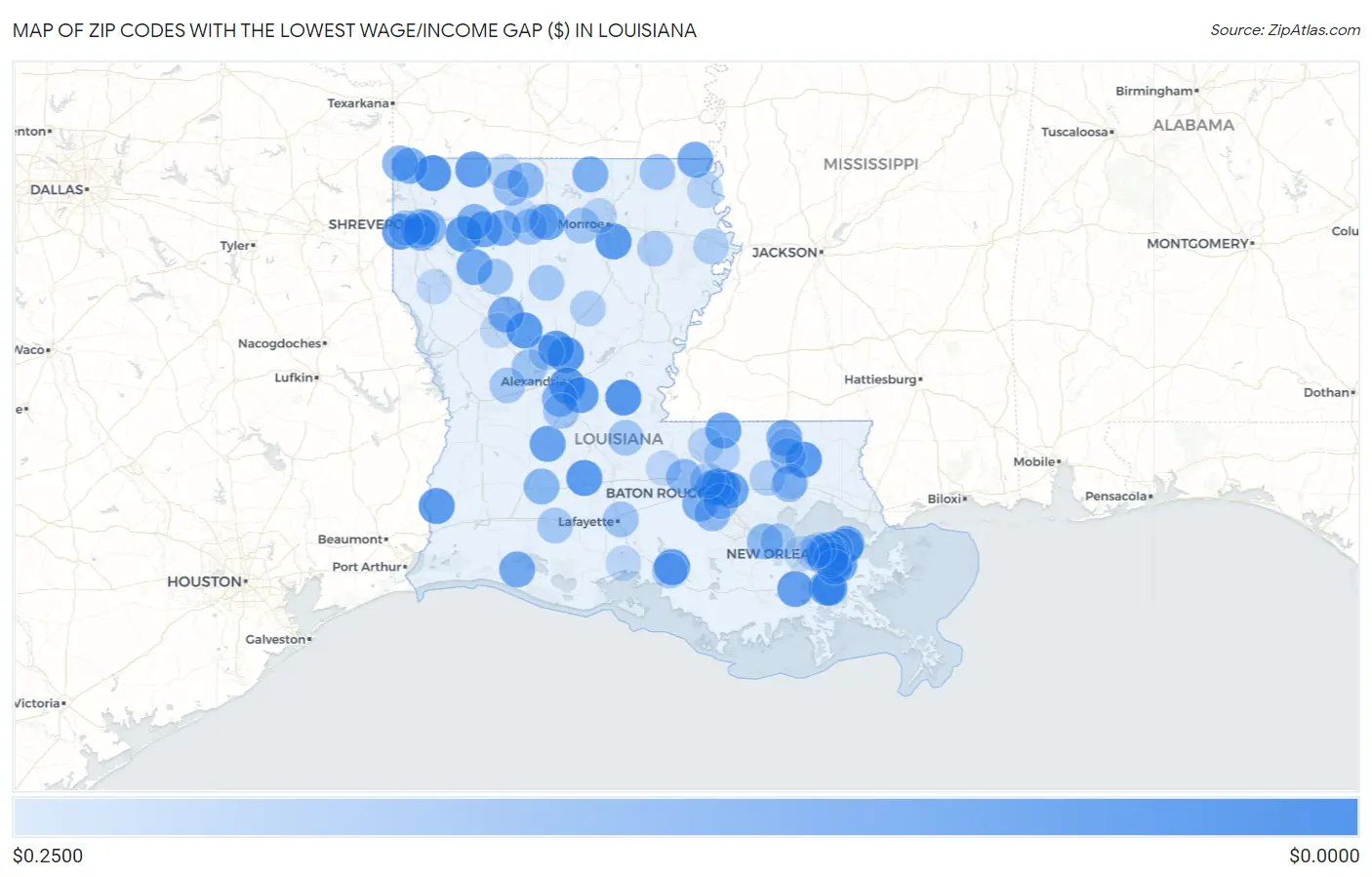 Zip Codes with the Lowest Wage/Income Gap ($) in Louisiana Map