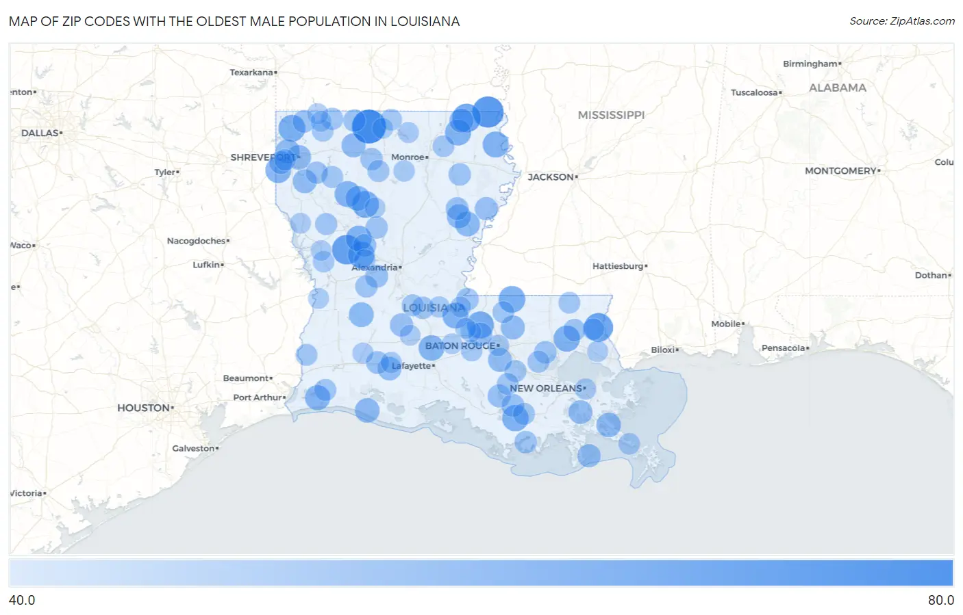 Zip Codes with the Oldest Male Population in Louisiana Map