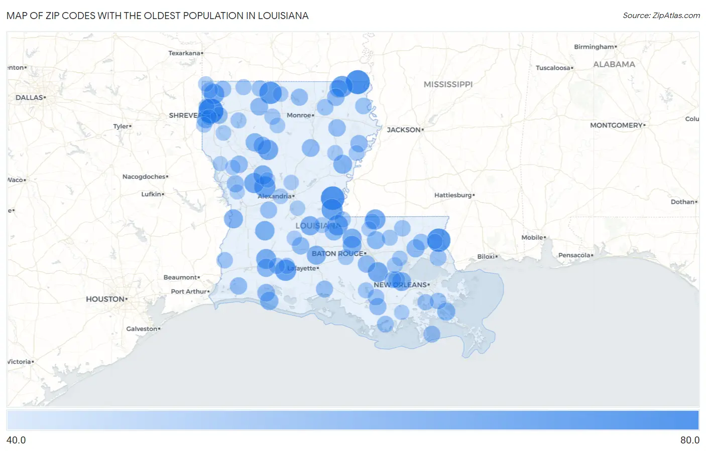Zip Codes with the Oldest Population in Louisiana Map