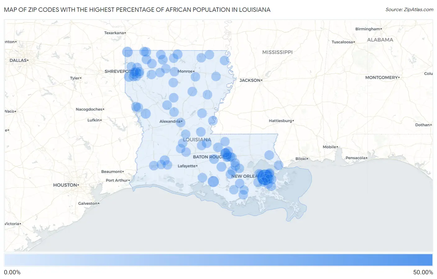 Zip Codes with the Highest Percentage of African Population in Louisiana Map