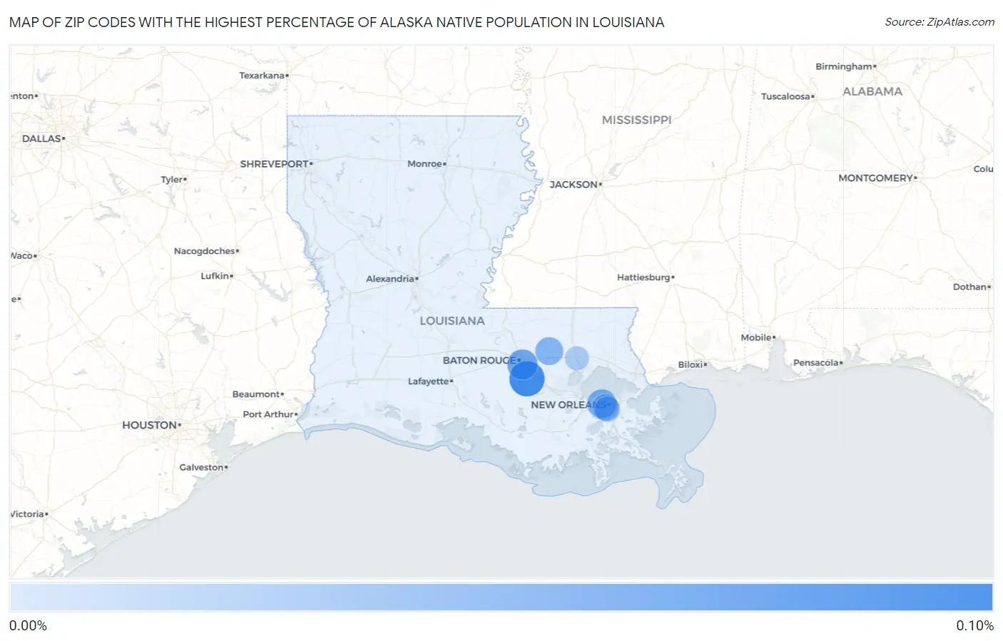 Zip Codes with the Highest Percentage of Alaska Native Population in Louisiana Map