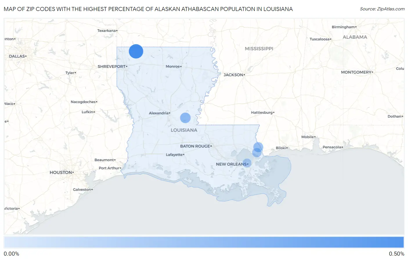 Zip Codes with the Highest Percentage of Alaskan Athabascan Population in Louisiana Map