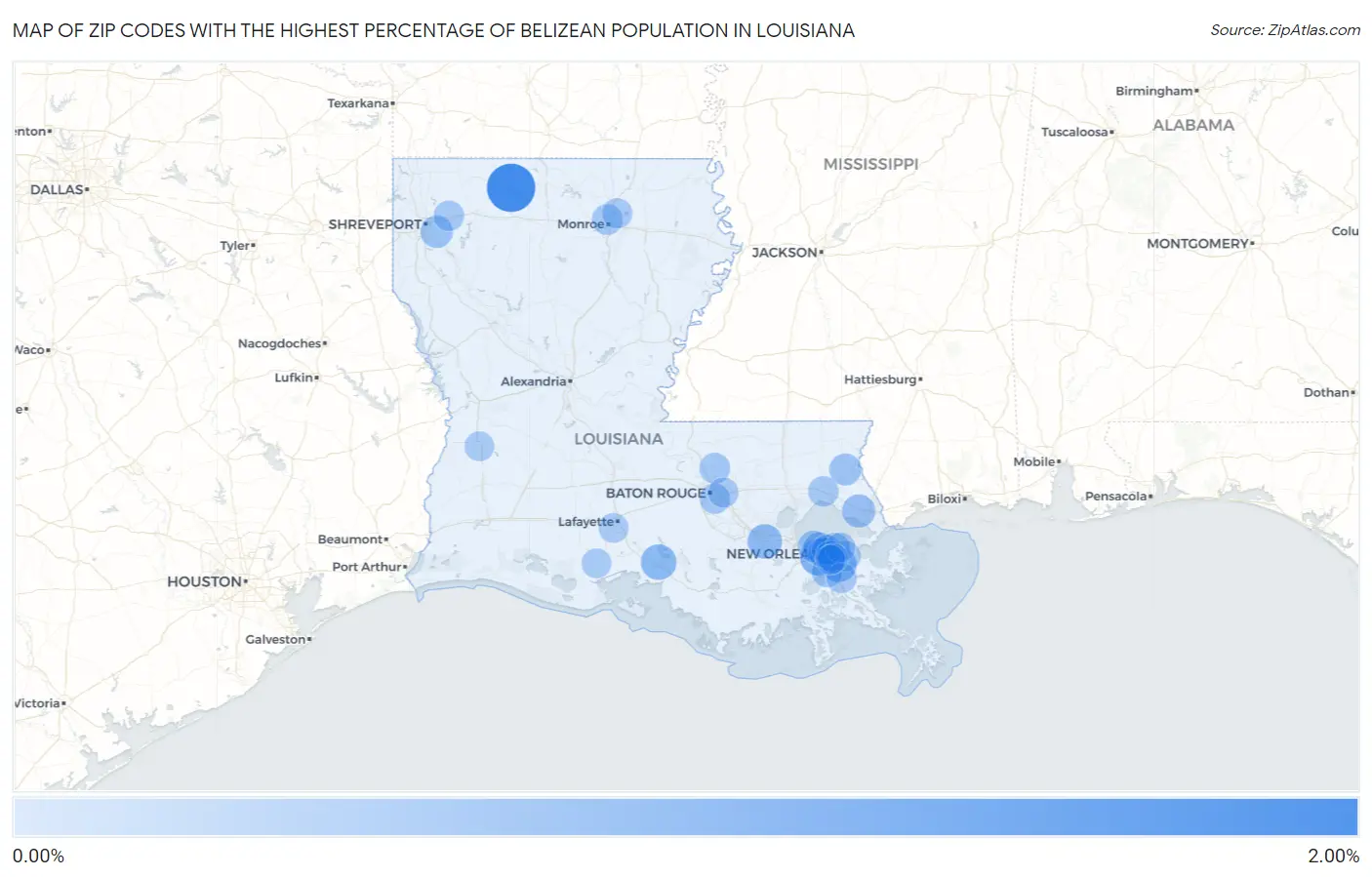 Zip Codes with the Highest Percentage of Belizean Population in Louisiana Map