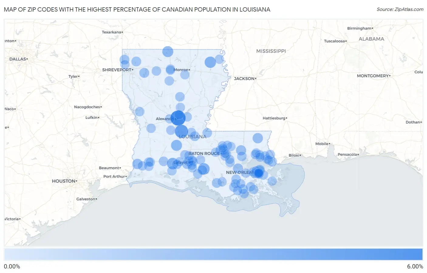 Zip Codes with the Highest Percentage of Canadian Population in Louisiana Map
