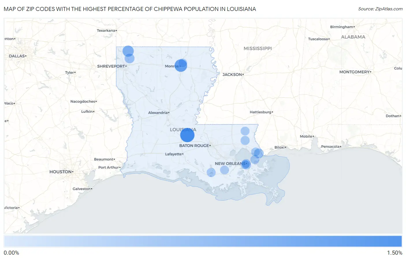 Zip Codes with the Highest Percentage of Chippewa Population in Louisiana Map