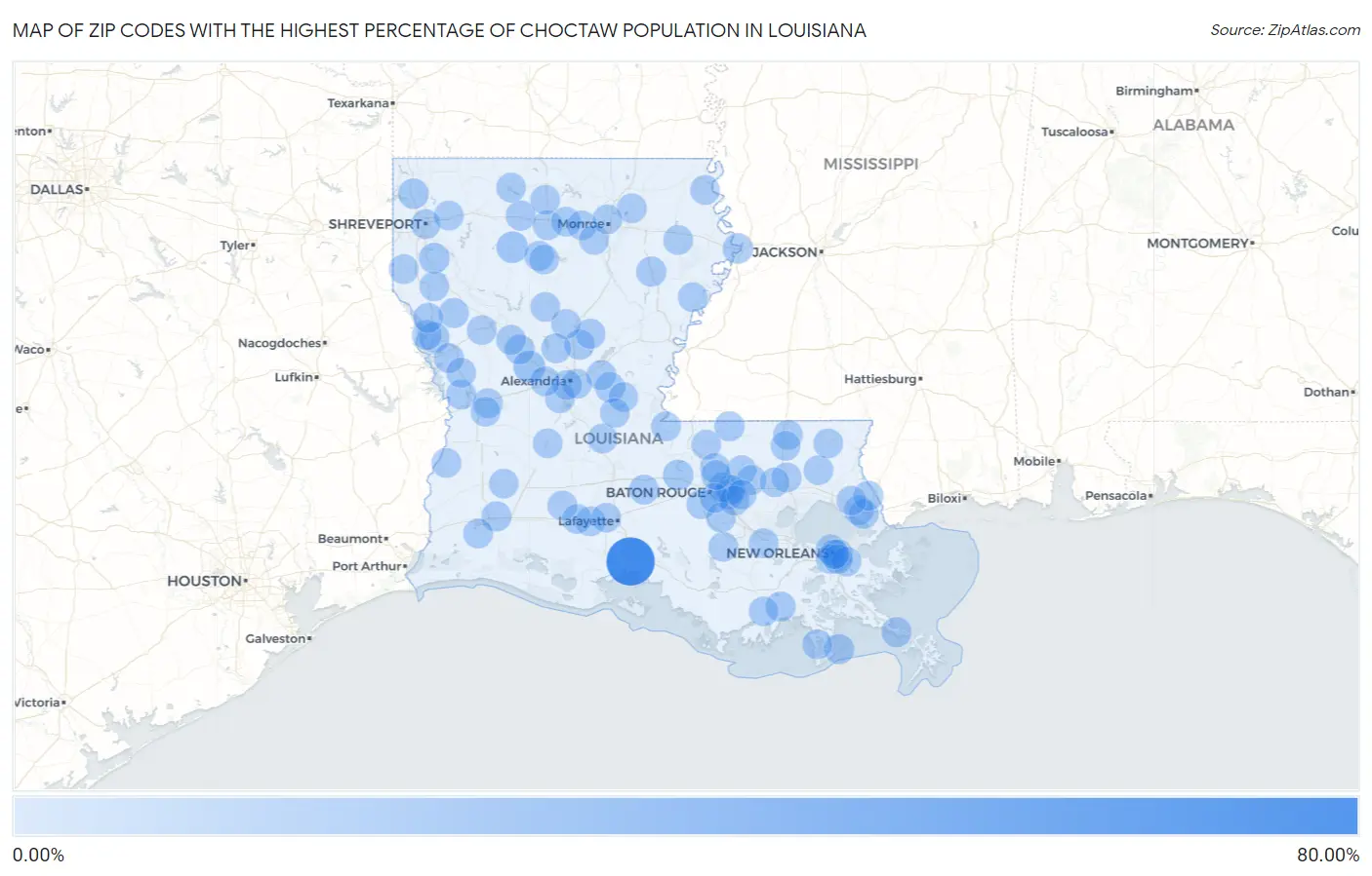 Zip Codes with the Highest Percentage of Choctaw Population in Louisiana Map