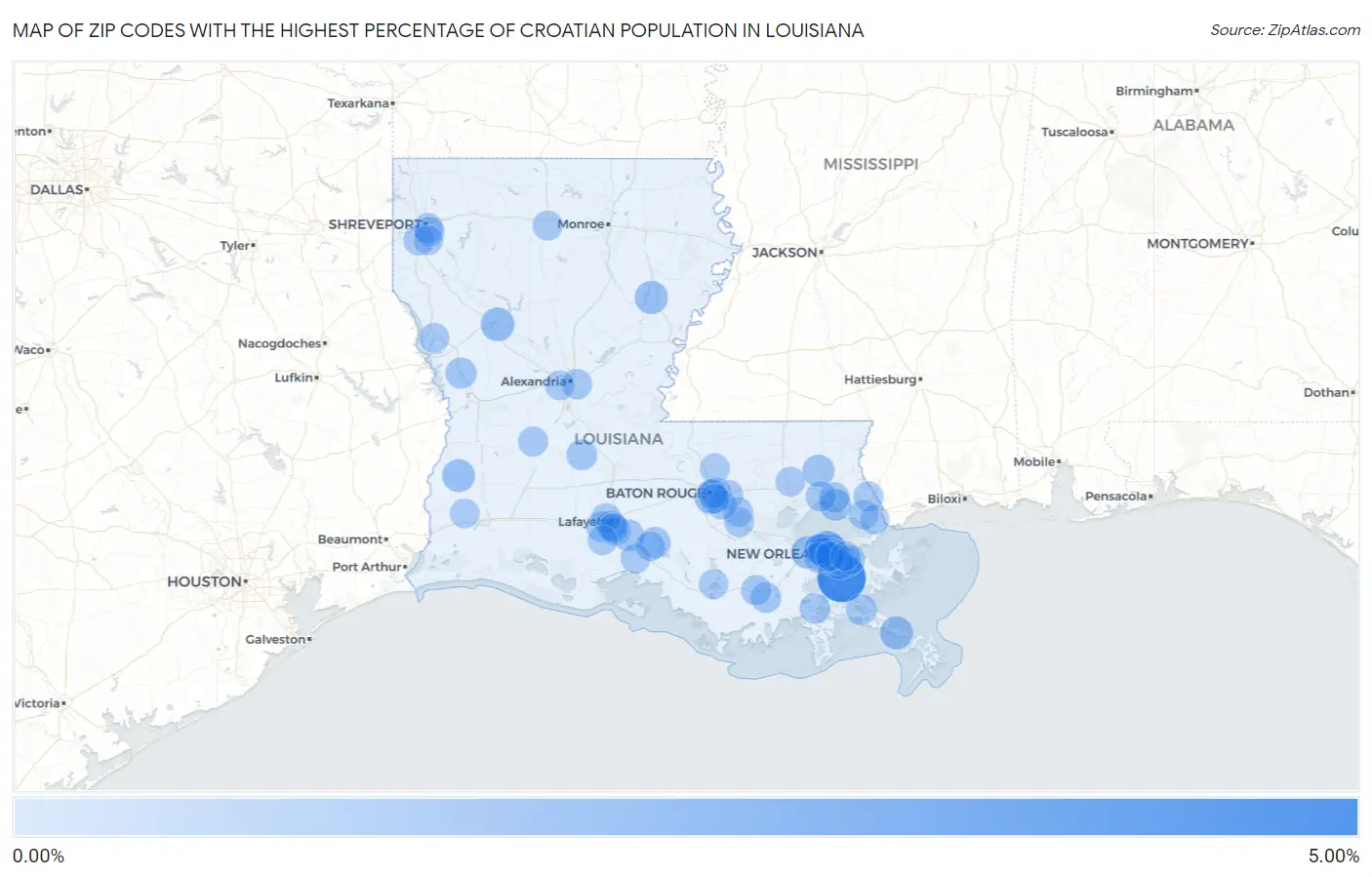Zip Codes with the Highest Percentage of Croatian Population in Louisiana Map
