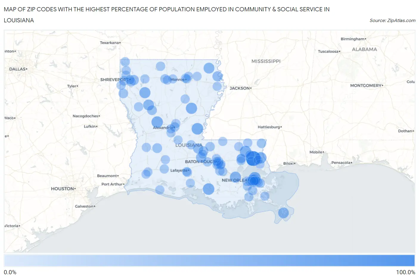 Zip Codes with the Highest Percentage of Population Employed in Community & Social Service  in Louisiana Map