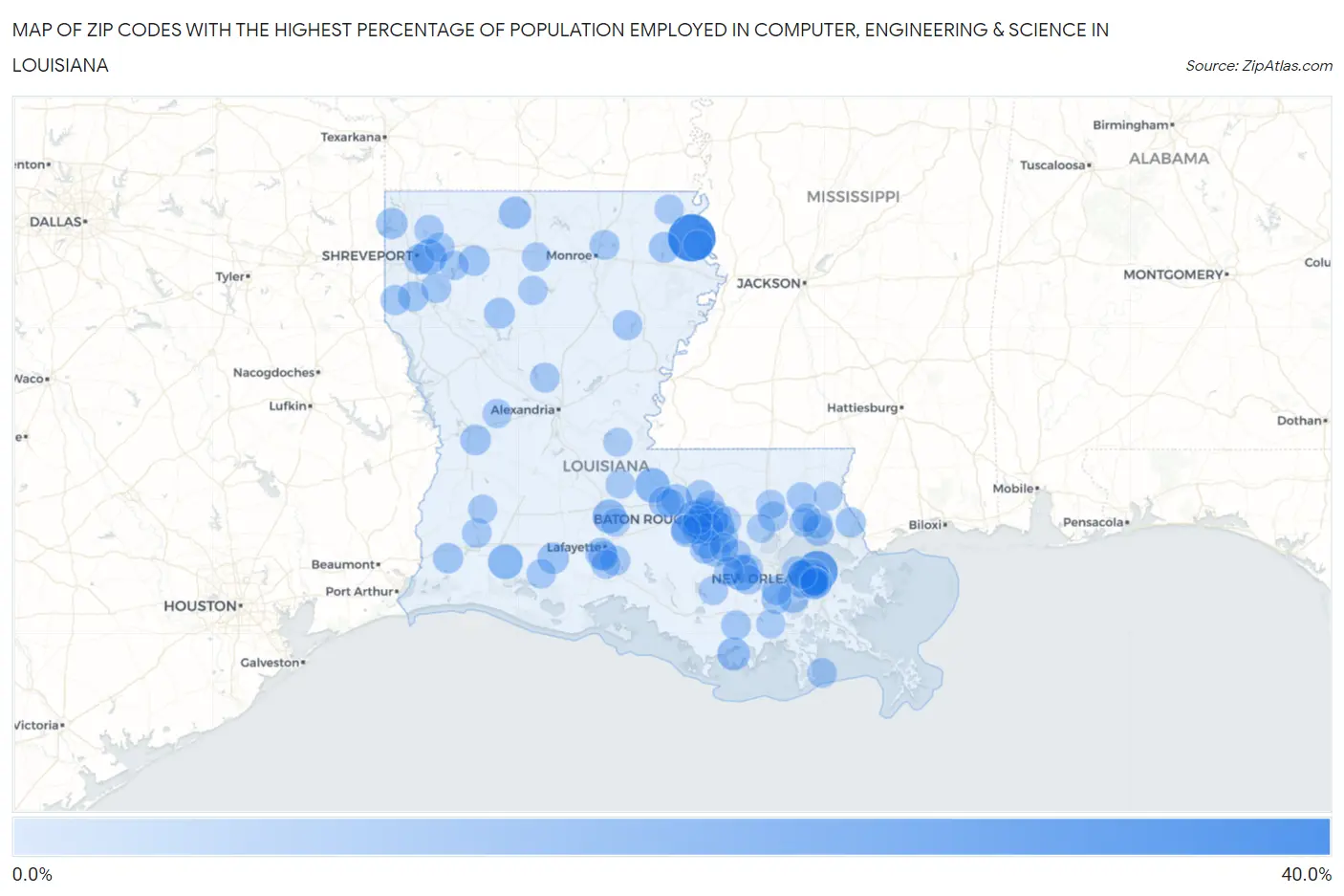 Zip Codes with the Highest Percentage of Population Employed in Computer, Engineering & Science in Louisiana Map