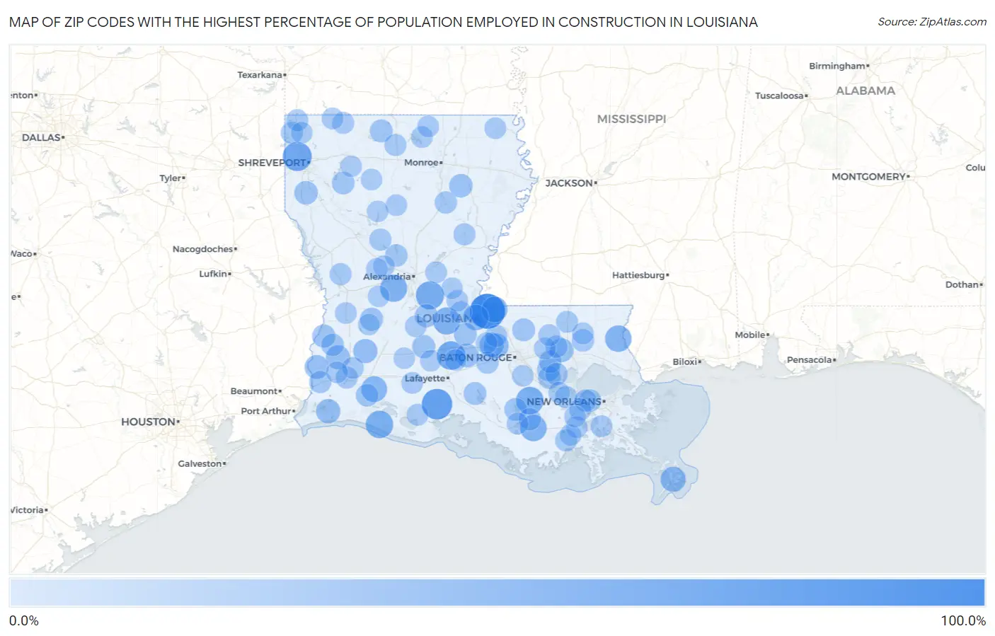 Zip Codes with the Highest Percentage of Population Employed in Construction in Louisiana Map