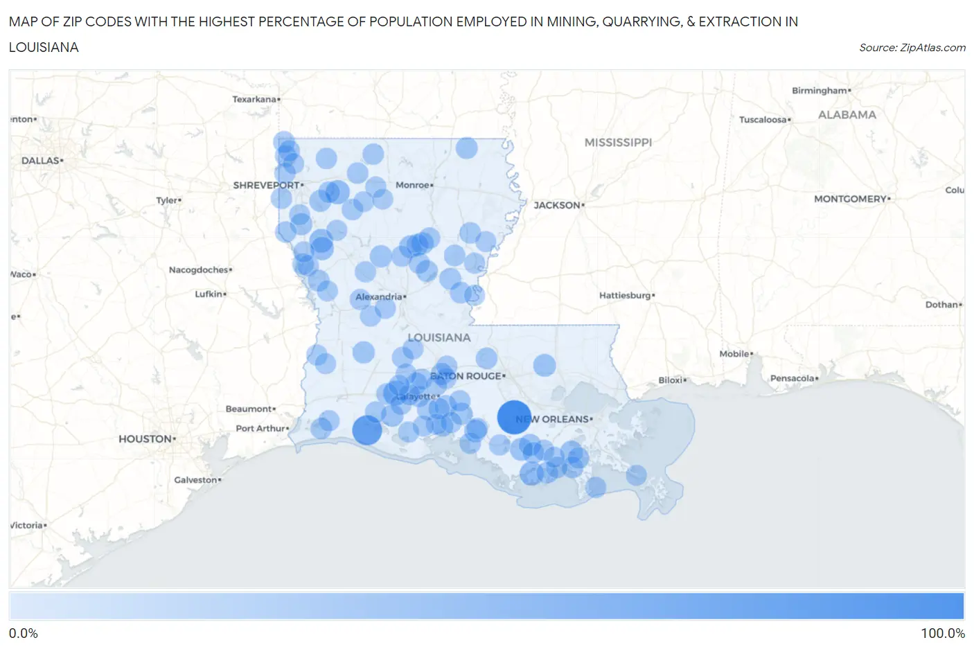 Zip Codes with the Highest Percentage of Population Employed in Mining, Quarrying, & Extraction in Louisiana Map