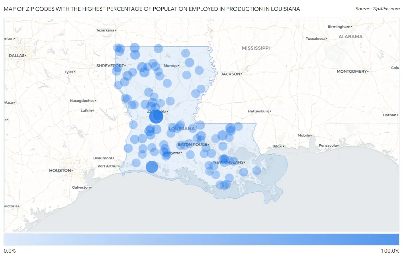 Zip Codes with the Highest Percentage of Population Employed in Production in Louisiana Map