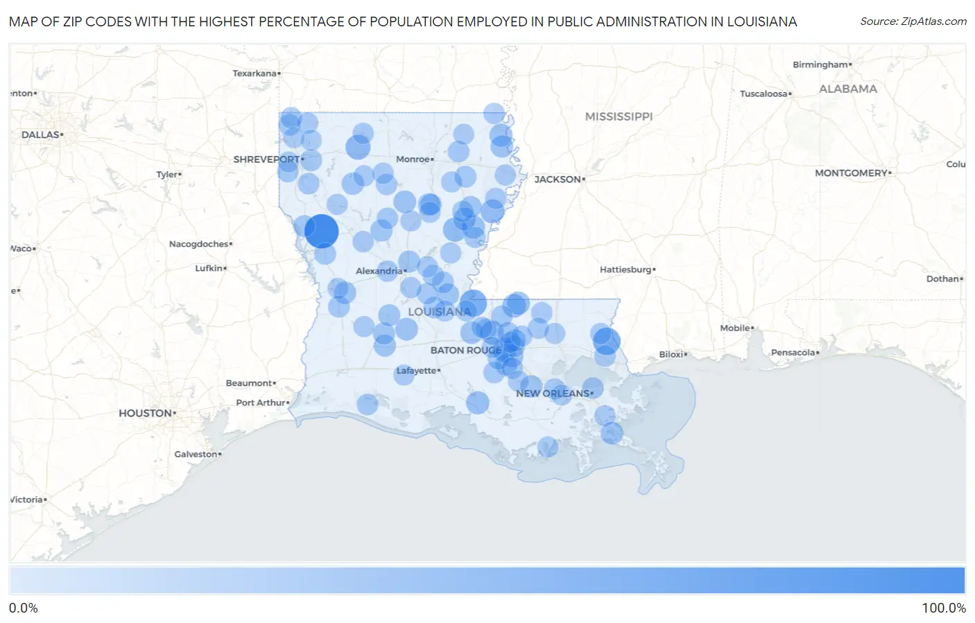 Zip Codes with the Highest Percentage of Population Employed in Public Administration in Louisiana Map