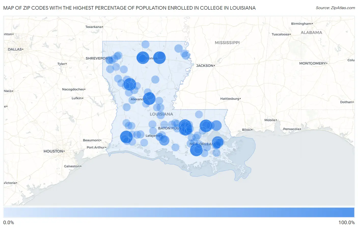 Zip Codes with the Highest Percentage of Population Enrolled in College in Louisiana Map