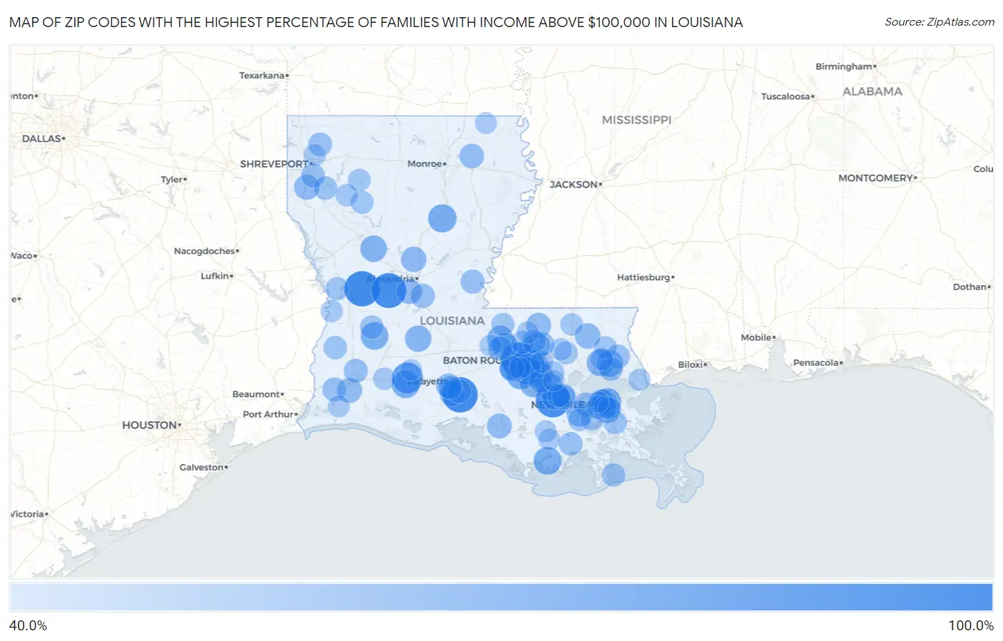 Zip Codes with the Highest Percentage of Families with Income Above $100,000 in Louisiana Map