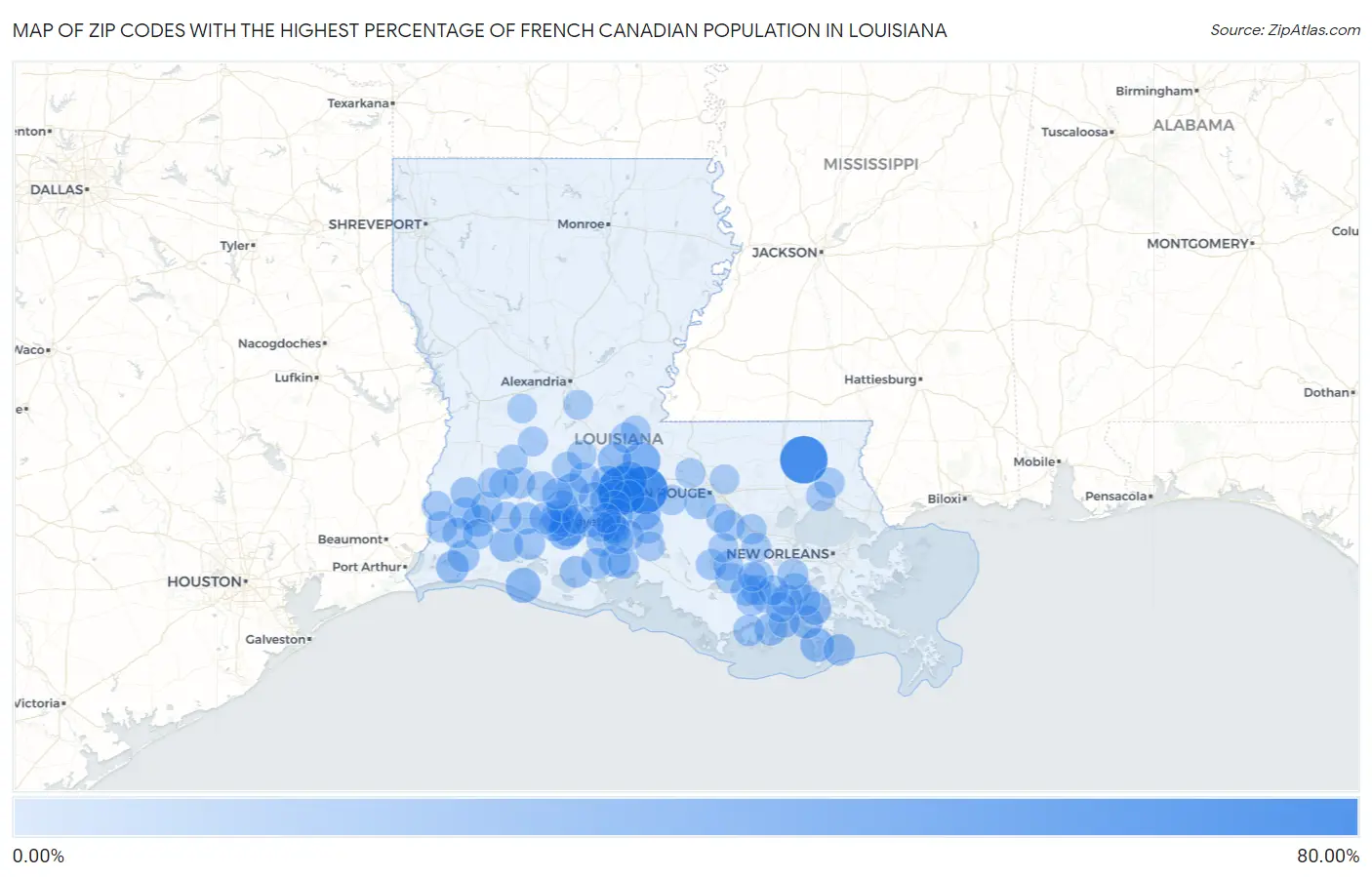 Zip Codes with the Highest Percentage of French Canadian Population in Louisiana Map