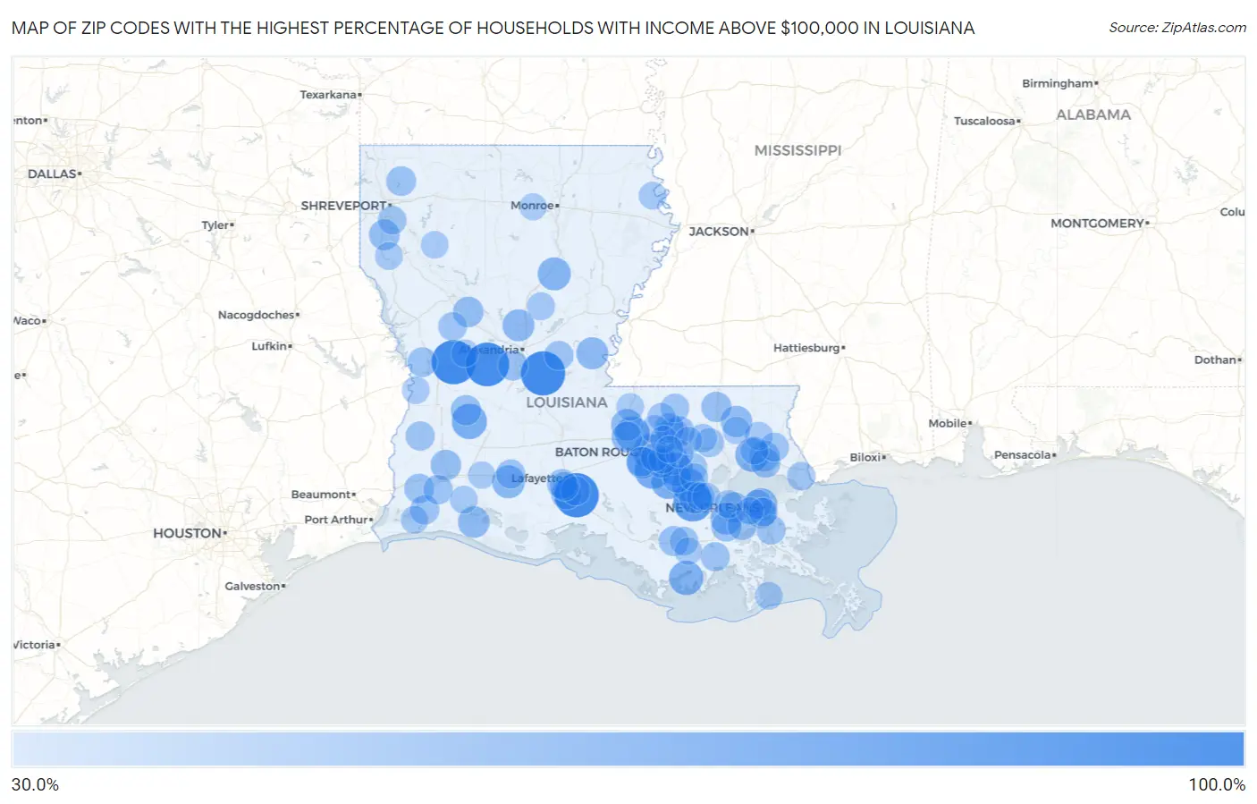 Zip Codes with the Highest Percentage of Households with Income Above $100,000 in Louisiana Map