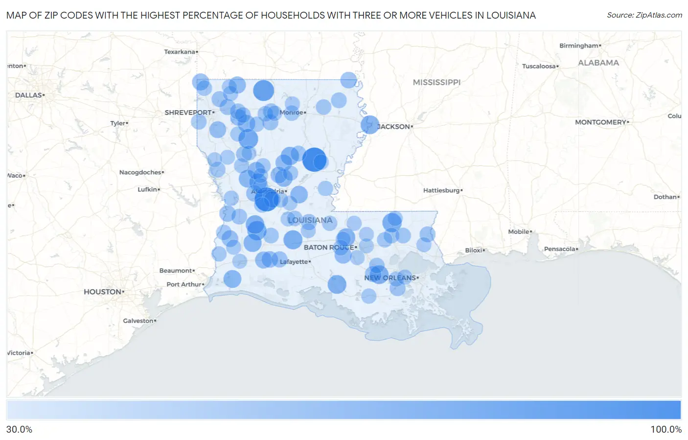 Zip Codes with the Highest Percentage of Households With Three or more Vehicles in Louisiana Map
