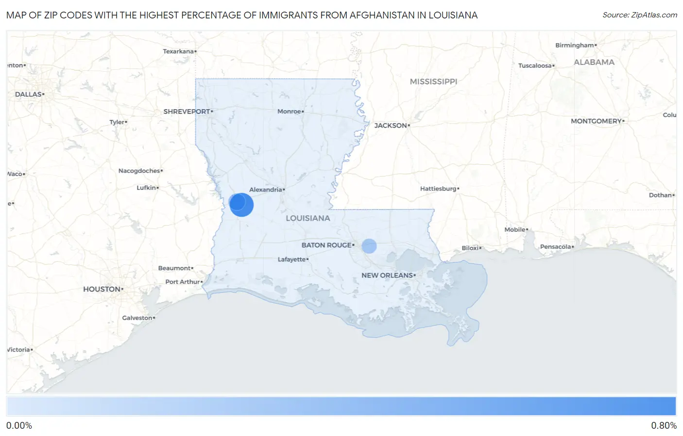 Zip Codes with the Highest Percentage of Immigrants from Afghanistan in Louisiana Map