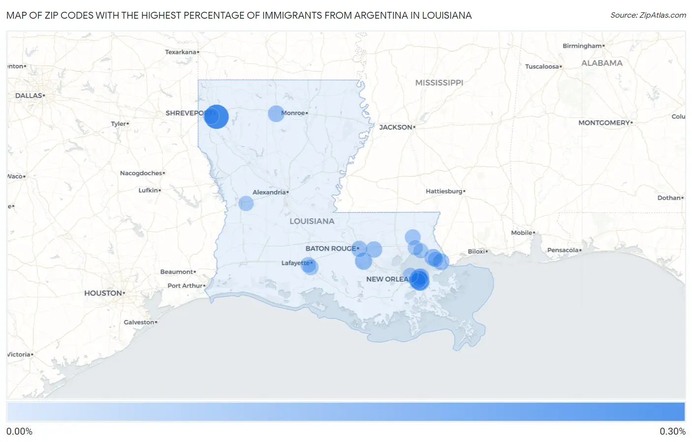 Zip Codes with the Highest Percentage of Immigrants from Argentina in Louisiana Map
