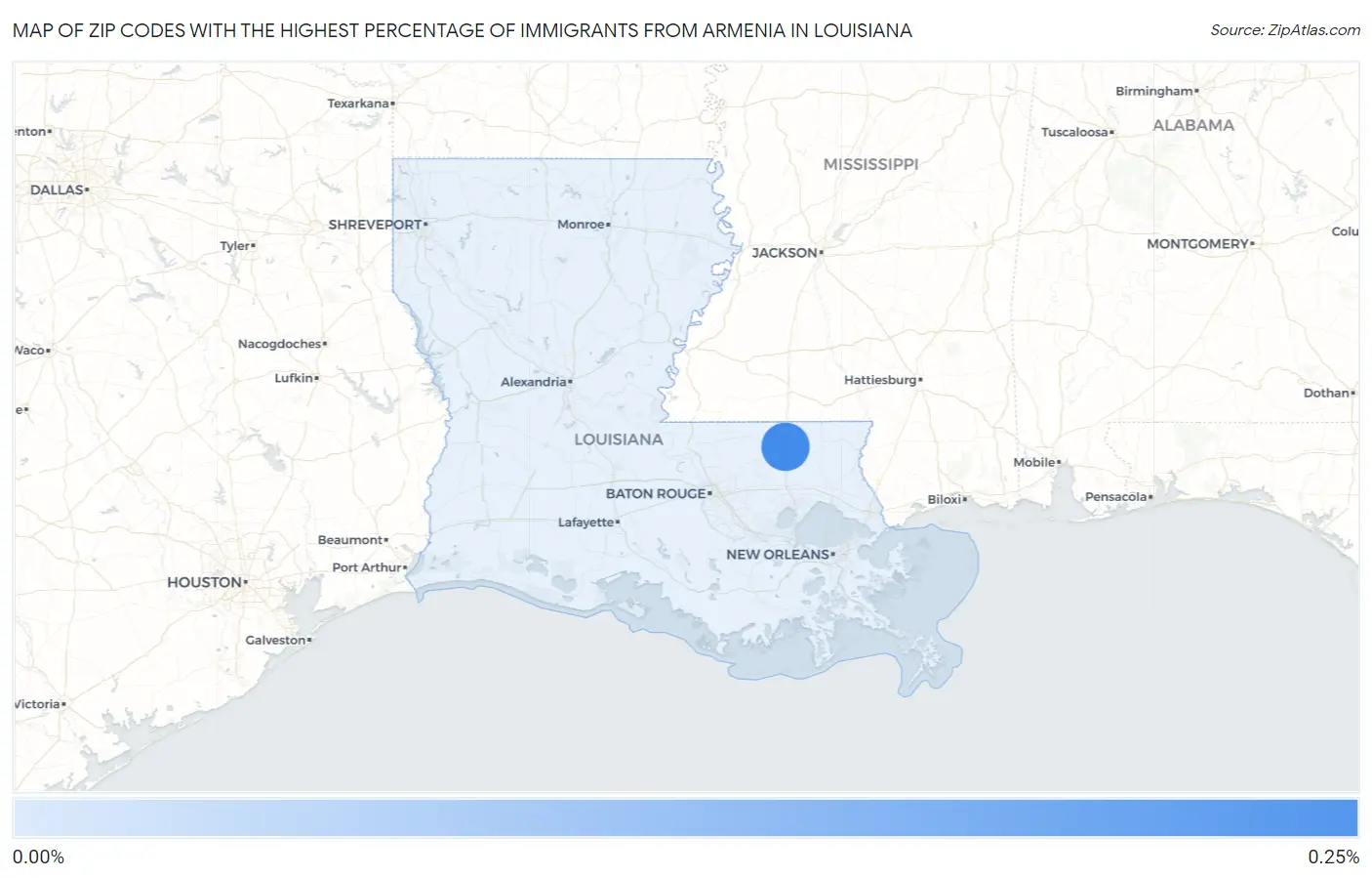 Zip Codes with the Highest Percentage of Immigrants from Armenia in Louisiana Map