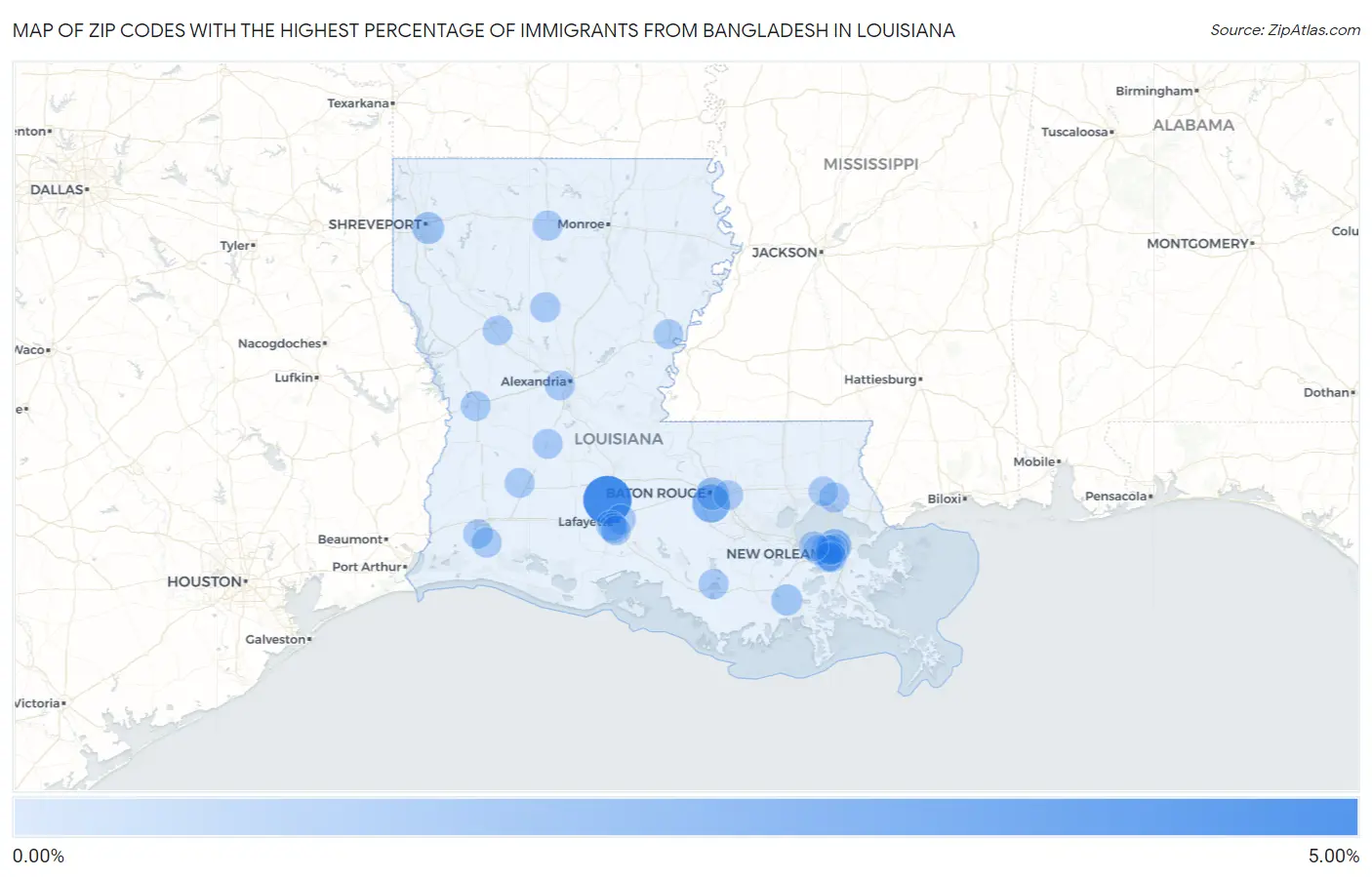 Zip Codes with the Highest Percentage of Immigrants from Bangladesh in Louisiana Map