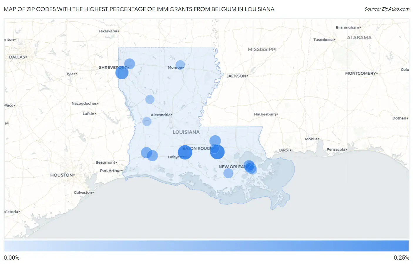 Zip Codes with the Highest Percentage of Immigrants from Belgium in Louisiana Map