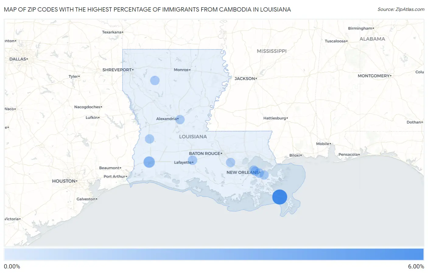 Zip Codes with the Highest Percentage of Immigrants from Cambodia in Louisiana Map