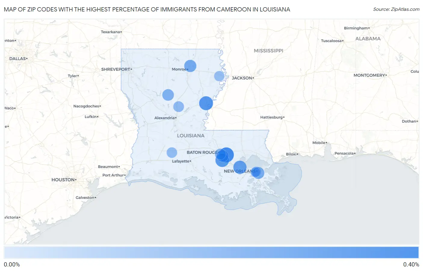 Zip Codes with the Highest Percentage of Immigrants from Cameroon in Louisiana Map