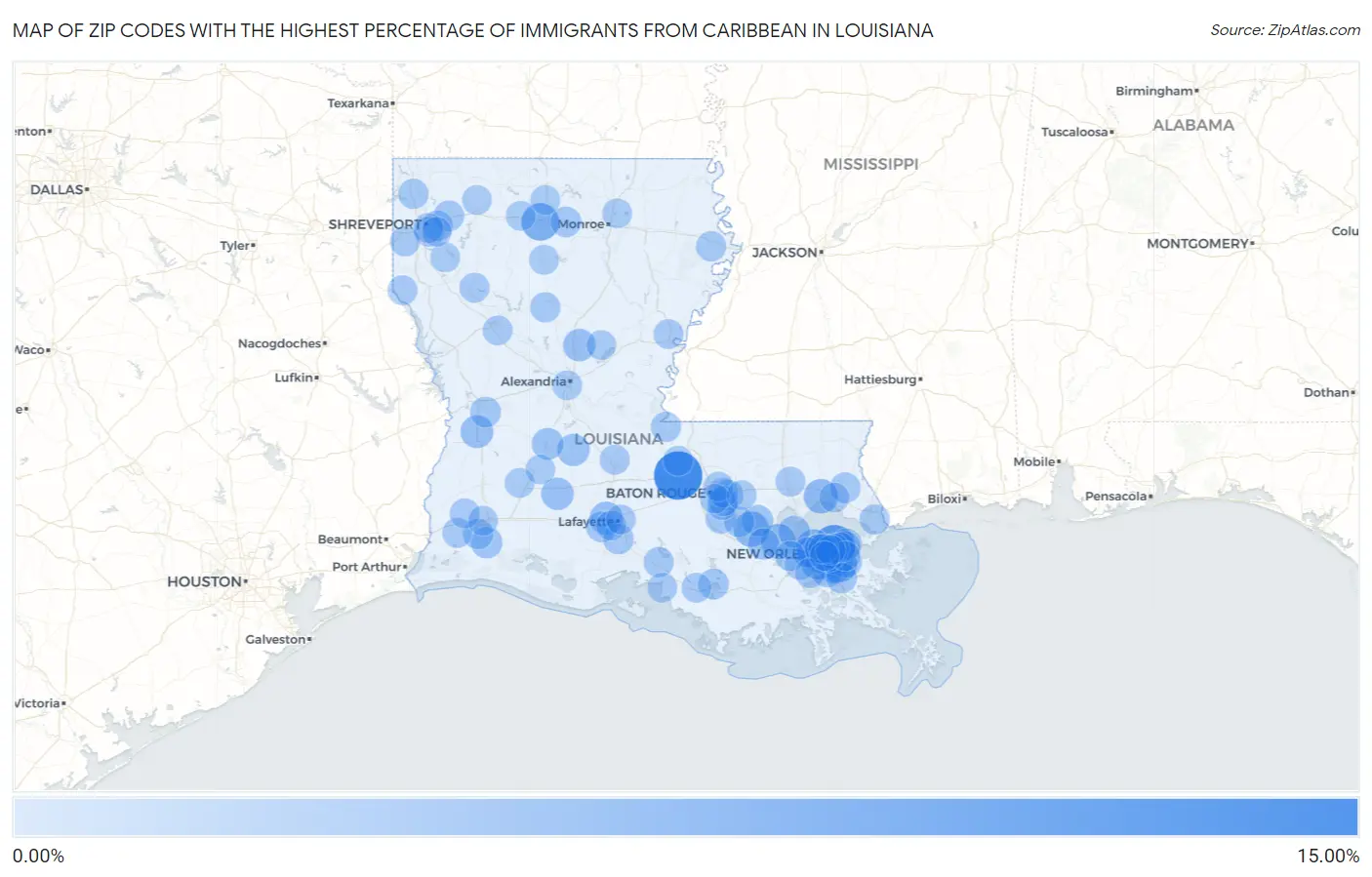 Zip Codes with the Highest Percentage of Immigrants from Caribbean in Louisiana Map