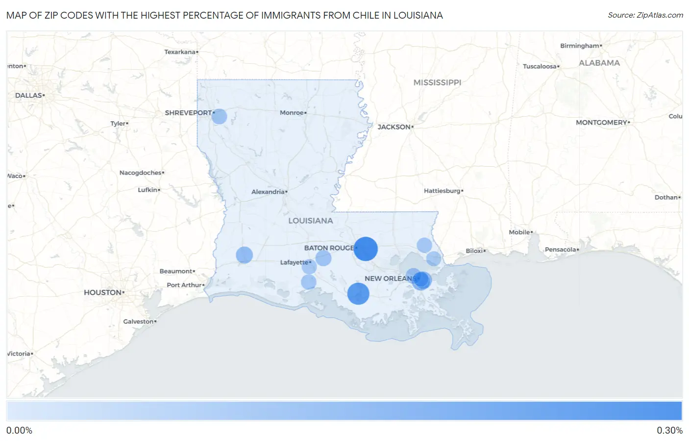 Zip Codes with the Highest Percentage of Immigrants from Chile in Louisiana Map