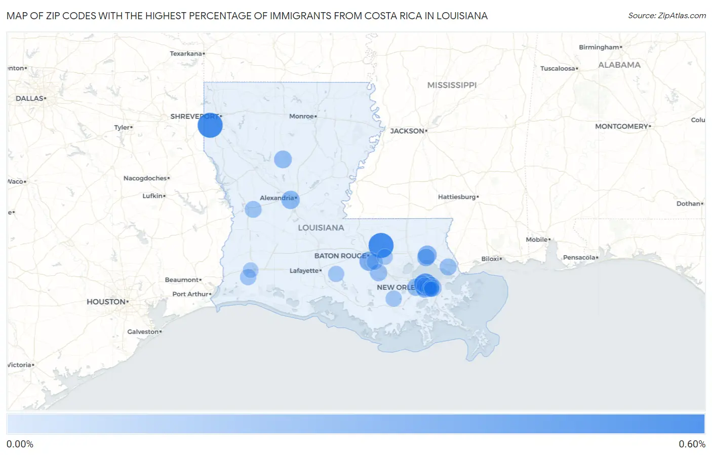 Zip Codes with the Highest Percentage of Immigrants from Costa Rica in Louisiana Map