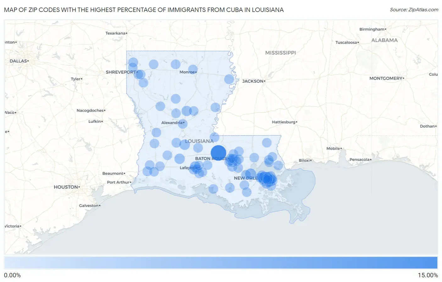Zip Codes with the Highest Percentage of Immigrants from Cuba in Louisiana Map