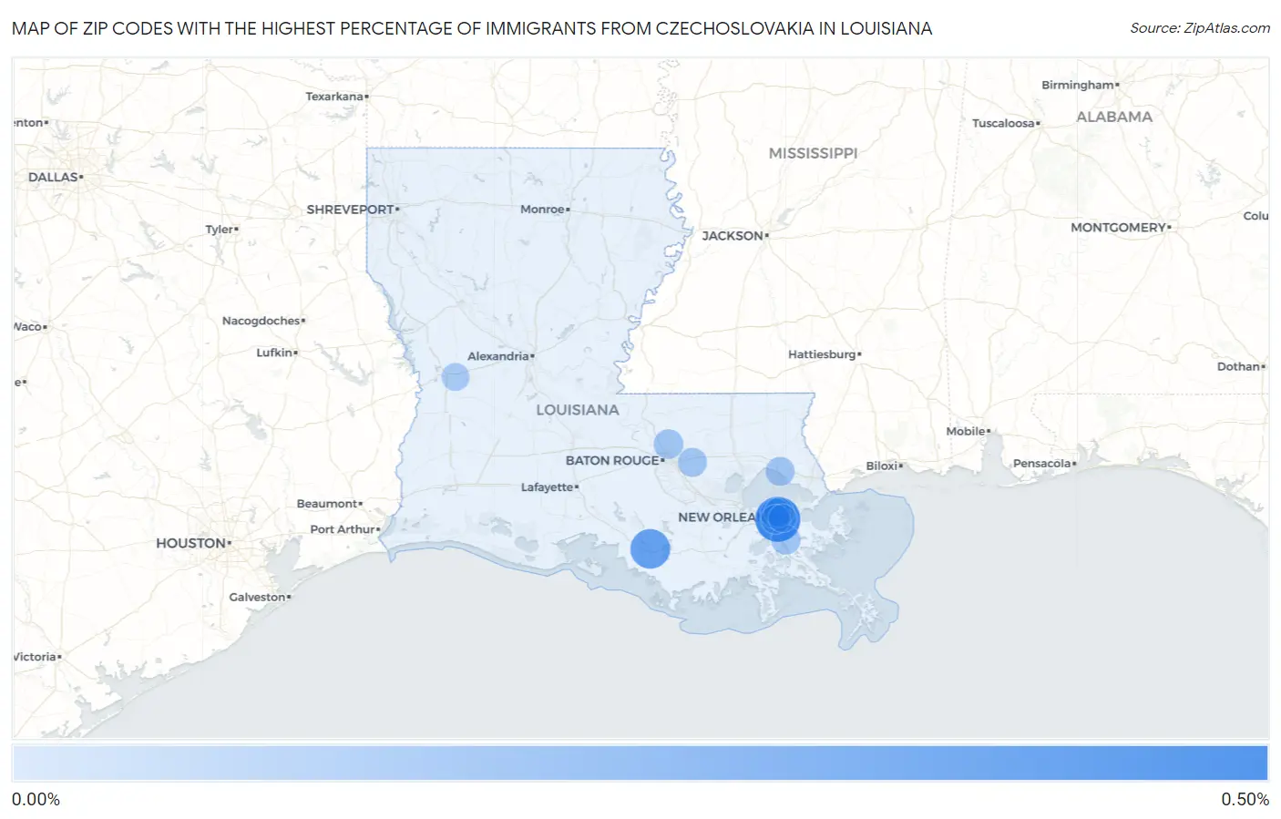 Zip Codes with the Highest Percentage of Immigrants from Czechoslovakia in Louisiana Map