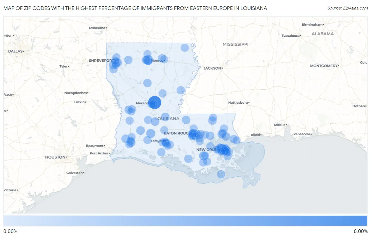 Zip Codes with the Highest Percentage of Immigrants from Eastern Europe in Louisiana Map