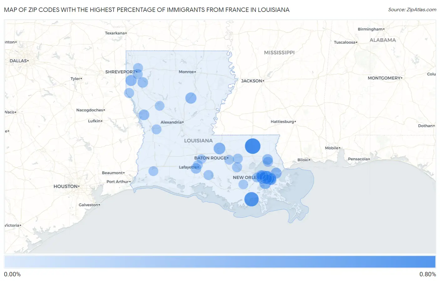 Zip Codes with the Highest Percentage of Immigrants from France in Louisiana Map