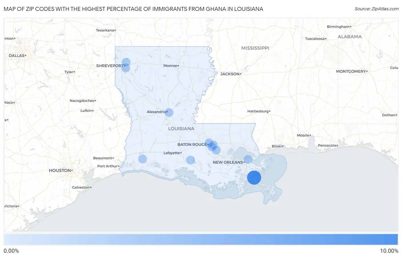 Zip Codes with the Highest Percentage of Immigrants from Ghana in Louisiana Map