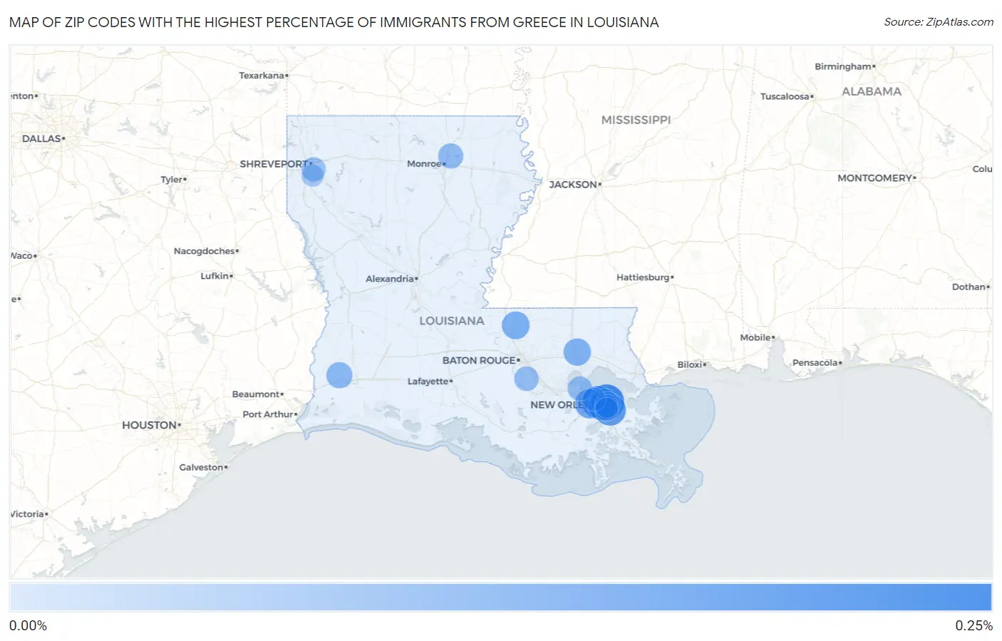Zip Codes with the Highest Percentage of Immigrants from Greece in Louisiana Map