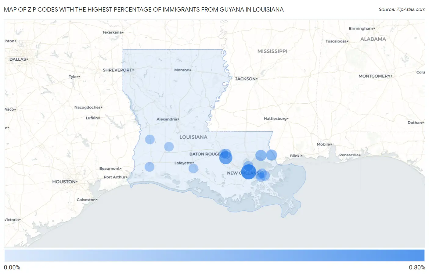 Zip Codes with the Highest Percentage of Immigrants from Guyana in Louisiana Map