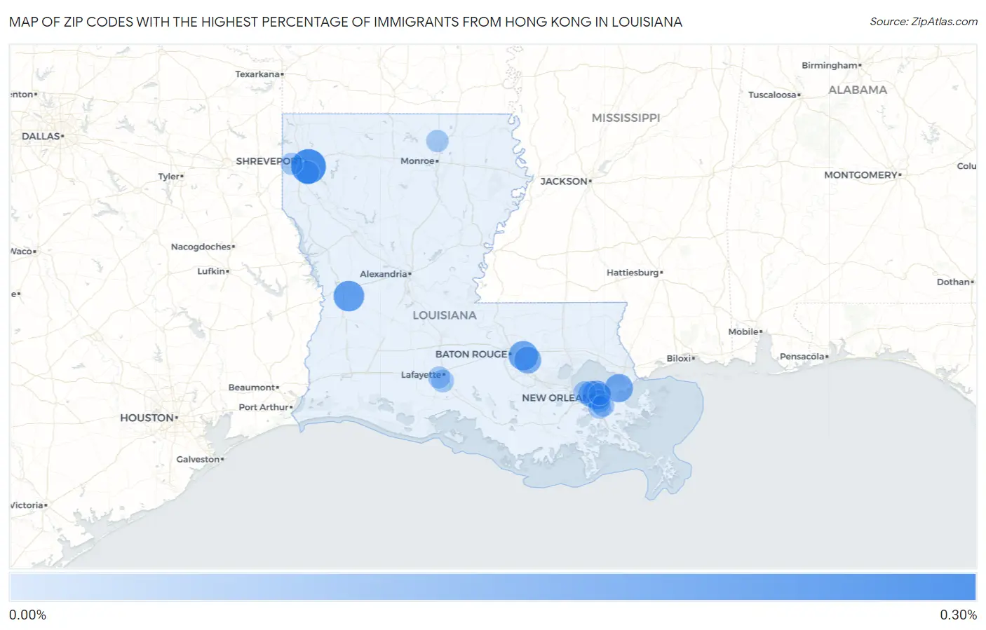 Zip Codes with the Highest Percentage of Immigrants from Hong Kong in Louisiana Map