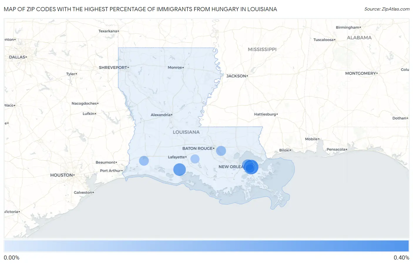 Zip Codes with the Highest Percentage of Immigrants from Hungary in Louisiana Map