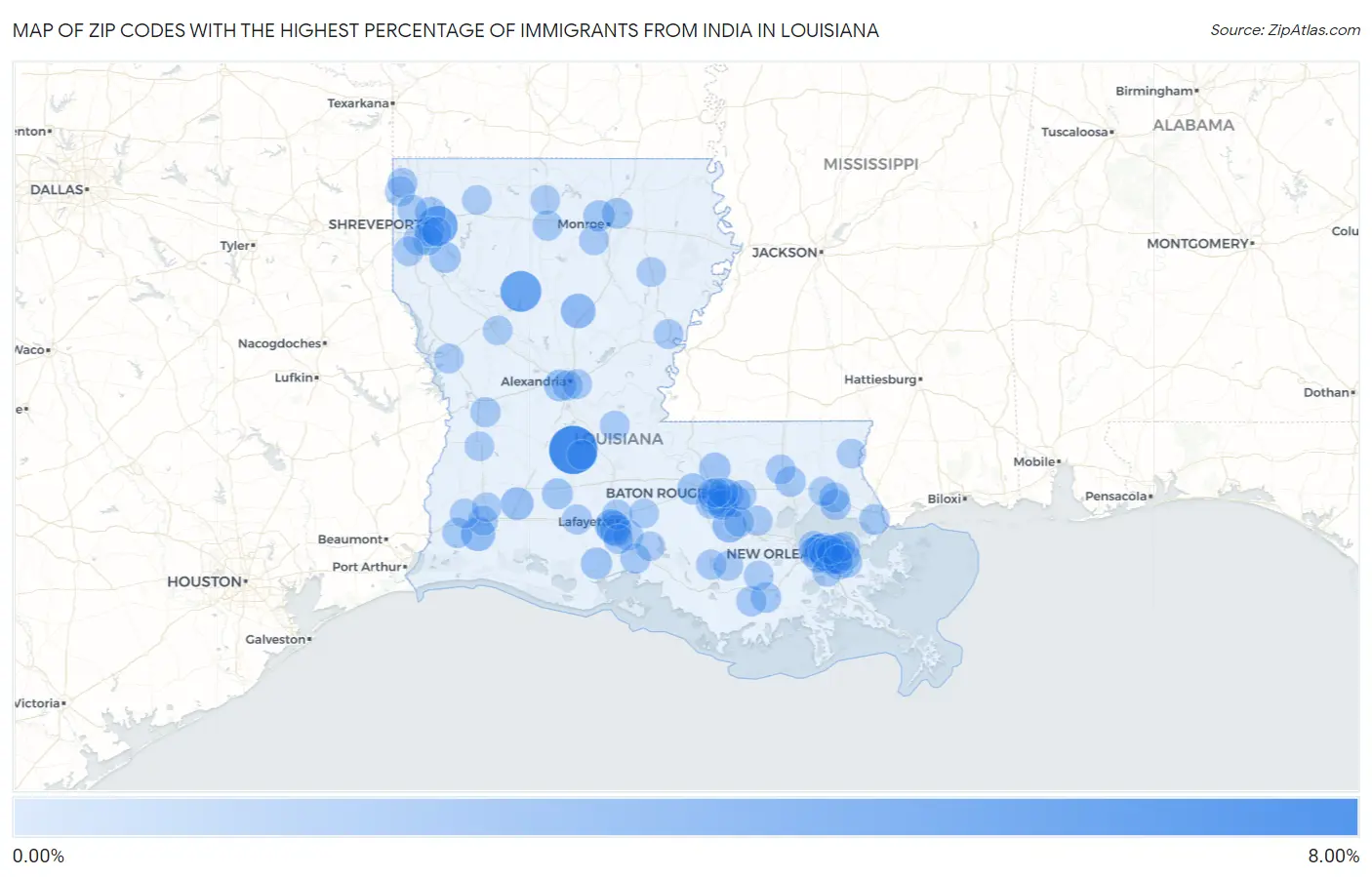 Zip Codes with the Highest Percentage of Immigrants from India in Louisiana Map