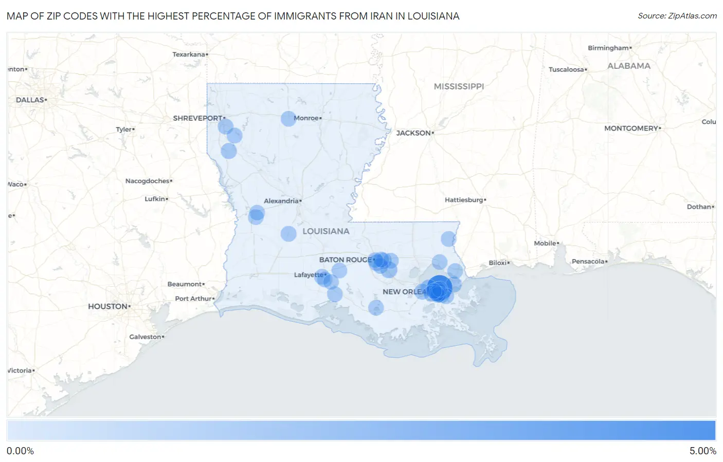 Zip Codes with the Highest Percentage of Immigrants from Iran in Louisiana Map