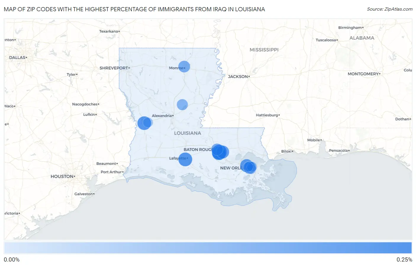 Zip Codes with the Highest Percentage of Immigrants from Iraq in Louisiana Map