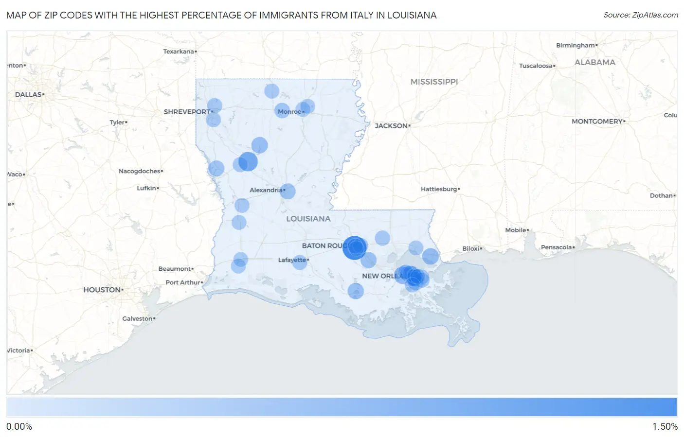 Zip Codes with the Highest Percentage of Immigrants from Italy in Louisiana Map